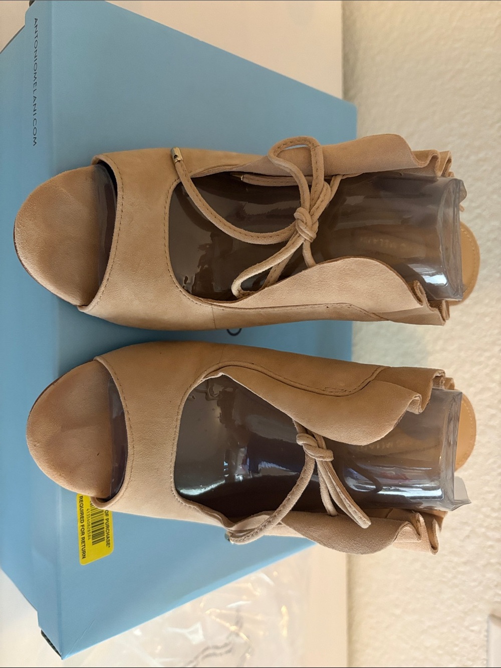 ANTONIO MELANI Tan Ruffle Peep-Toe Block Heels with Front Tie Detail - Picture 2 of 8